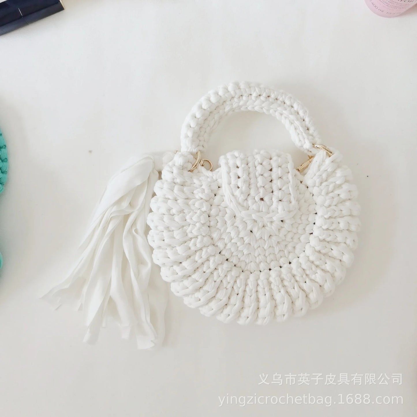 Bohemian Women's Solid Color Hook Knit Bag Round Fringed Small Crossbody Bag Soft Material