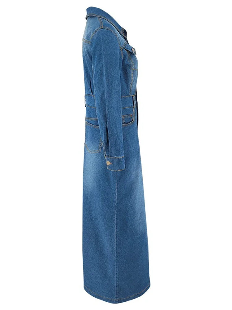 Denim Dress Women Sexy Button Bodycon Maxi Fashion Slip Hem Pockets Maxi Dressers