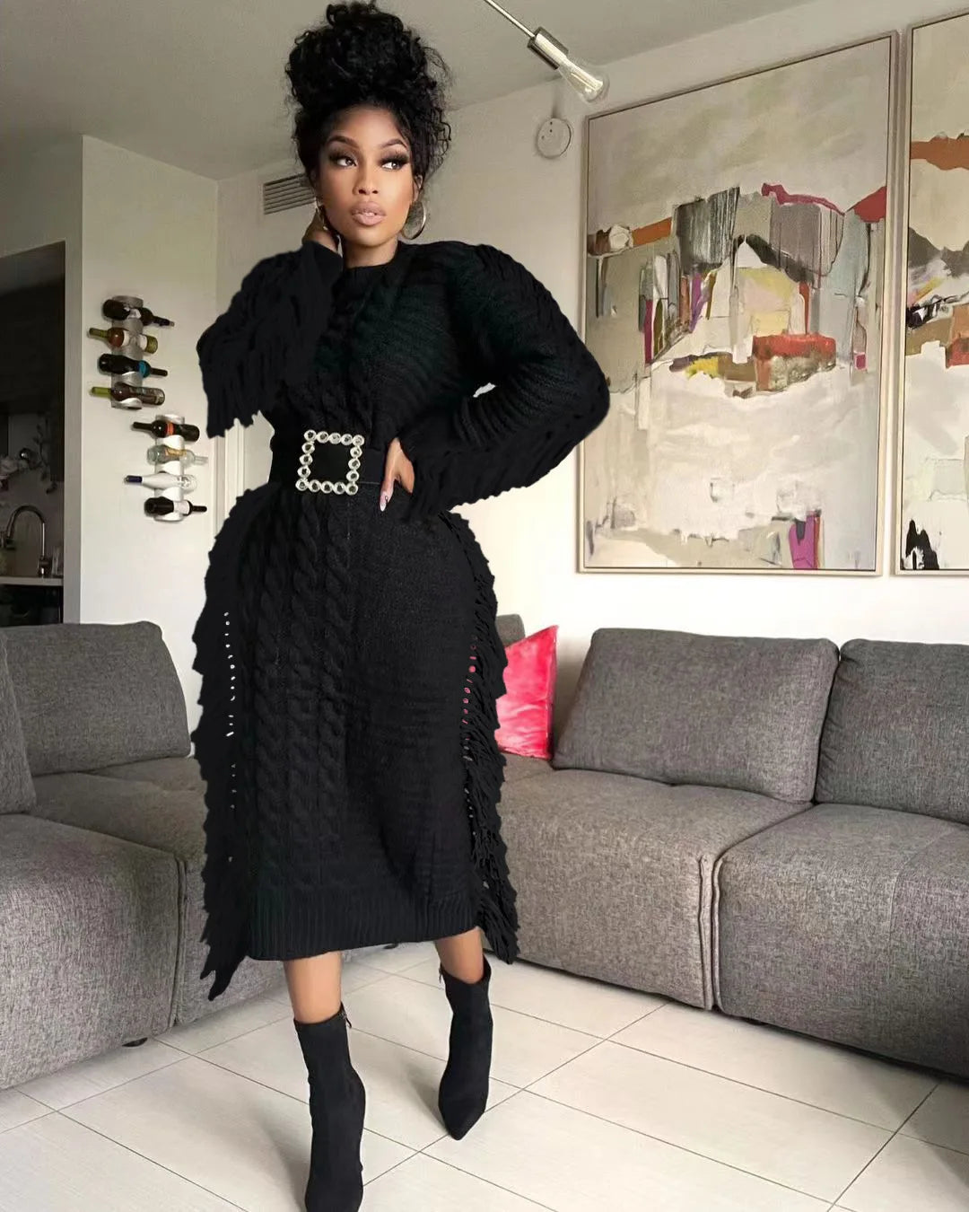 Women Long Sleeve Tassel Bodycon Midi Knit Dress O-neck Sweater Dress