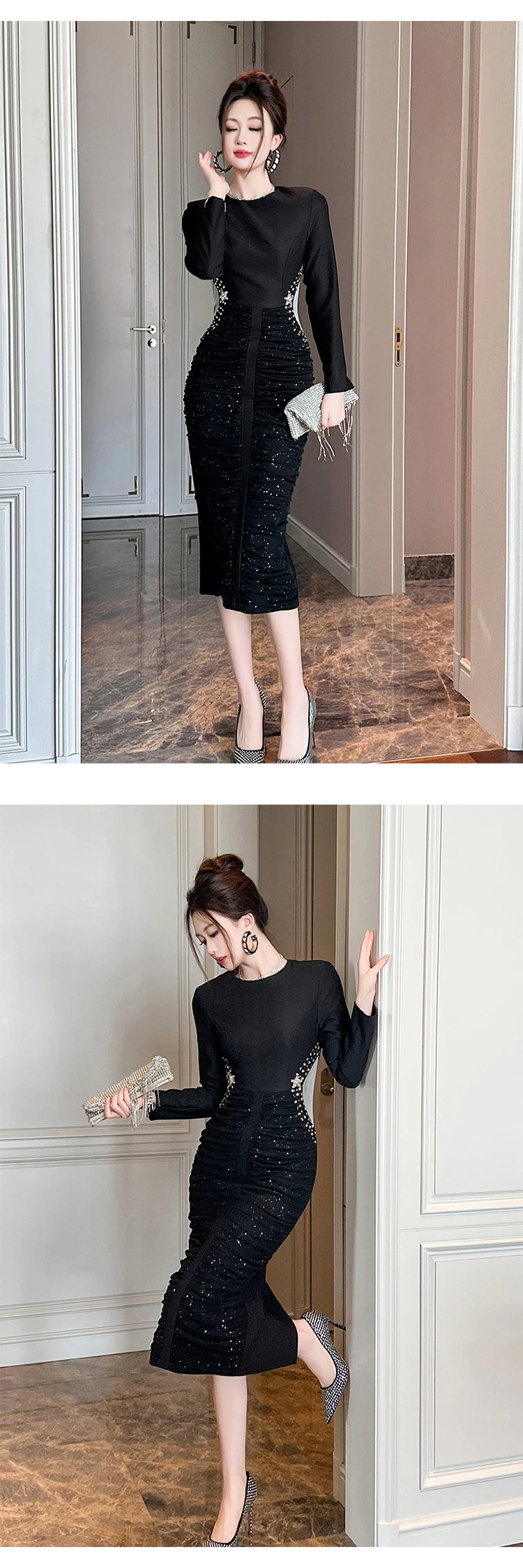 French Elegant Formal Shiny Rhinestone Folds Bodycon Midi Dress