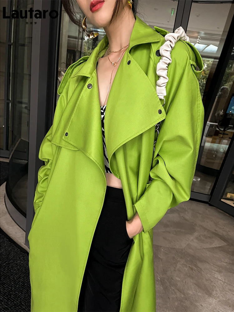 Luxury Long Oversized Bright Green Faux Leather Trench Coat for Women