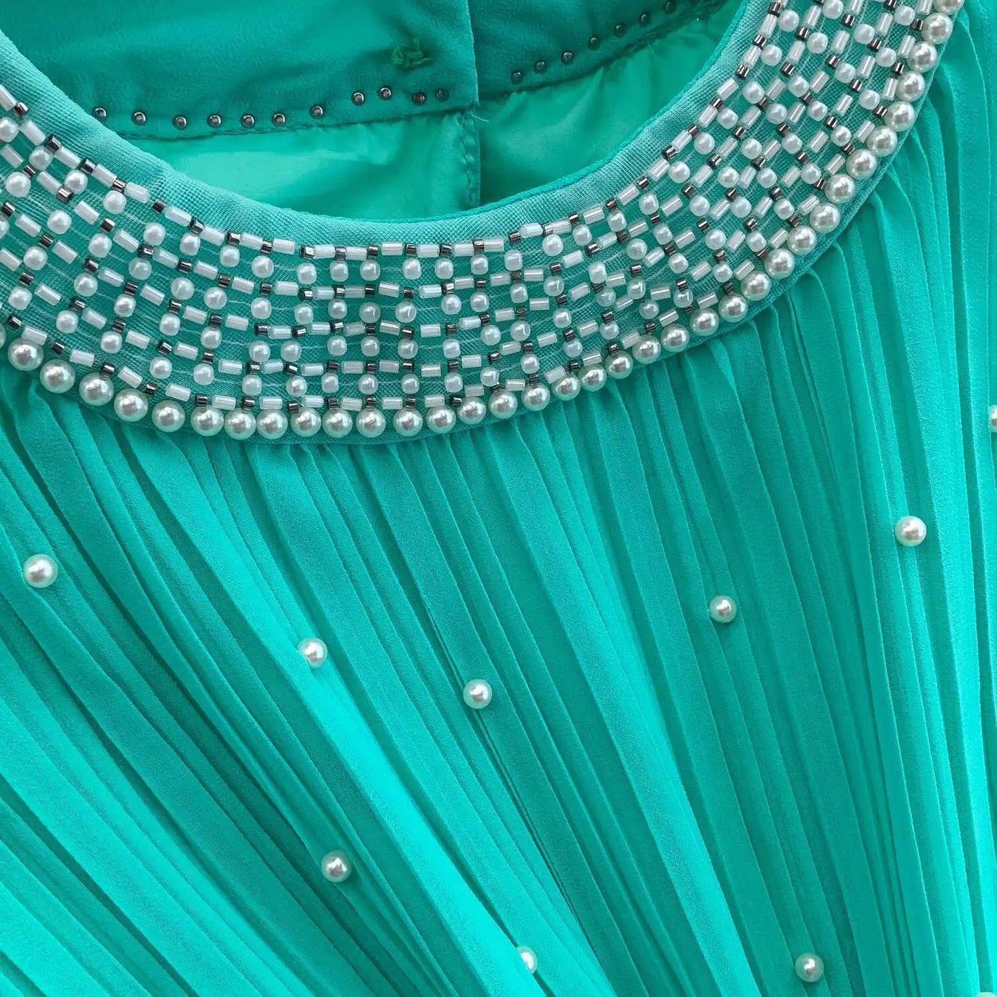 Summer Luxury Pearls Long Chiffon Dress For Women Loose Big Size Short Sleeve Crystal Birthday Evening Midi Pleated Dresses