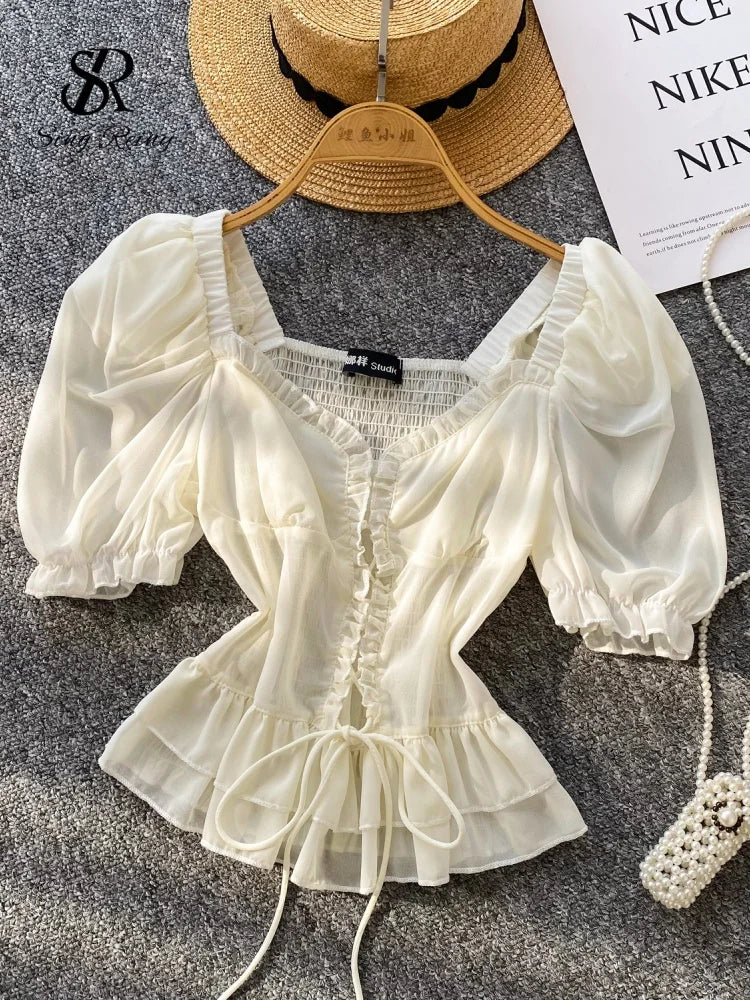 French Style Chiffon Blouse Square Neck Short Sleeves Ruffles Lace Up Beach Top
