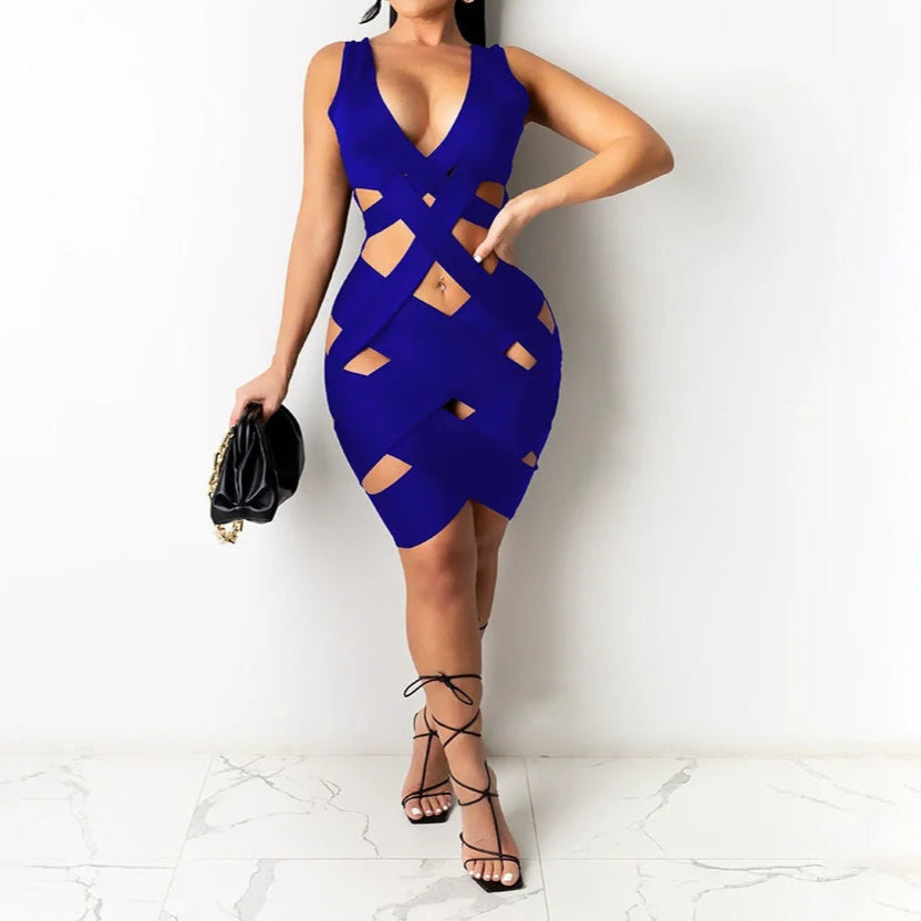 Sleeveless Tight Dress Hollow Out Sheath Mini Y2K Black Sexy Bodycon Dress Club Dress