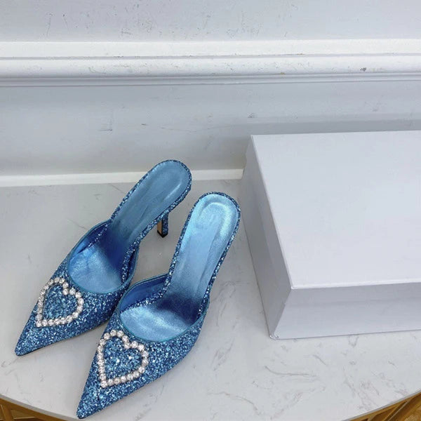 Shallow Mouth High-heeled Women's Shoes Love Rhinestone Shining Thin Heel Pump Slippers