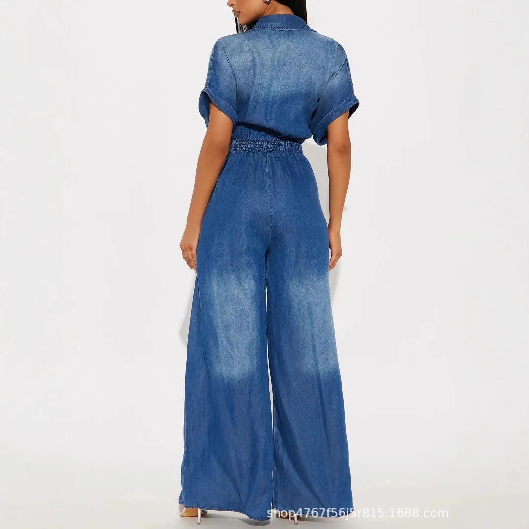 Denim Jumpsuits Women Loose Rompers Tie Dye One Piece Y2k Streetwear Wide Leg Jumpsuit