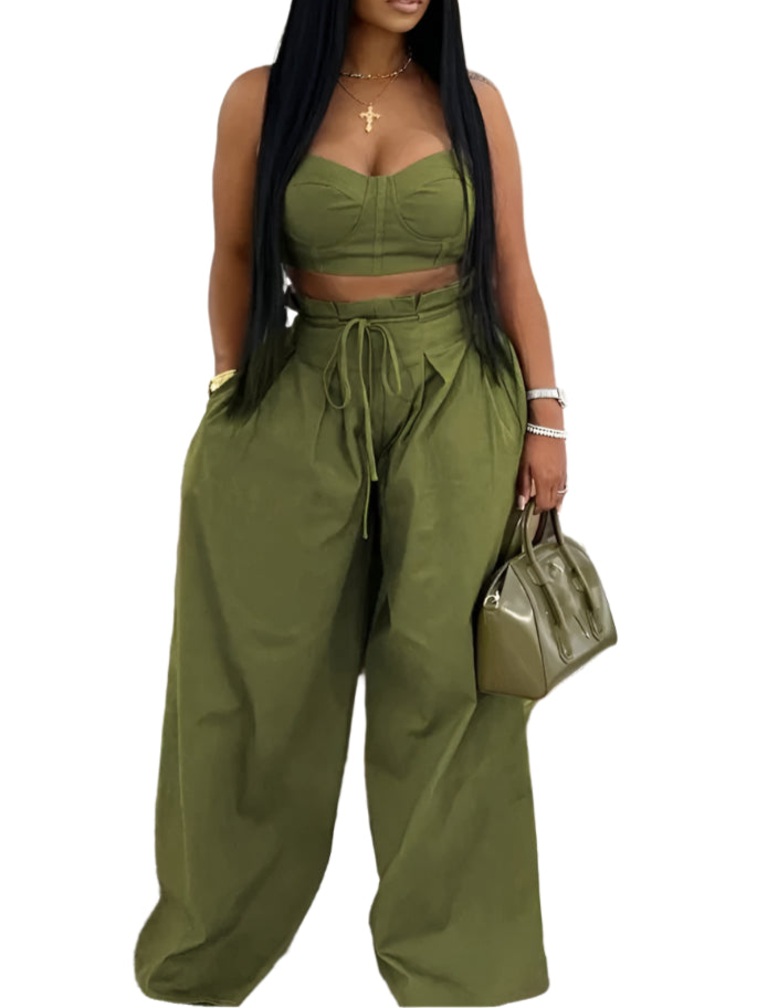 Sexy Zip Crop Camisole and High Waisted Drawstring Wide Leg Trousers 2 Piece Women Pants Suit Streetwear
