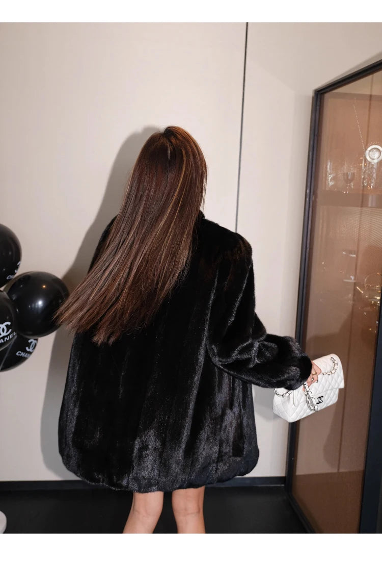 Brown Thick Warm Soft Faux Mink Fur Coat Women Puff Sleeve Stand Collar Fluffy Jacket