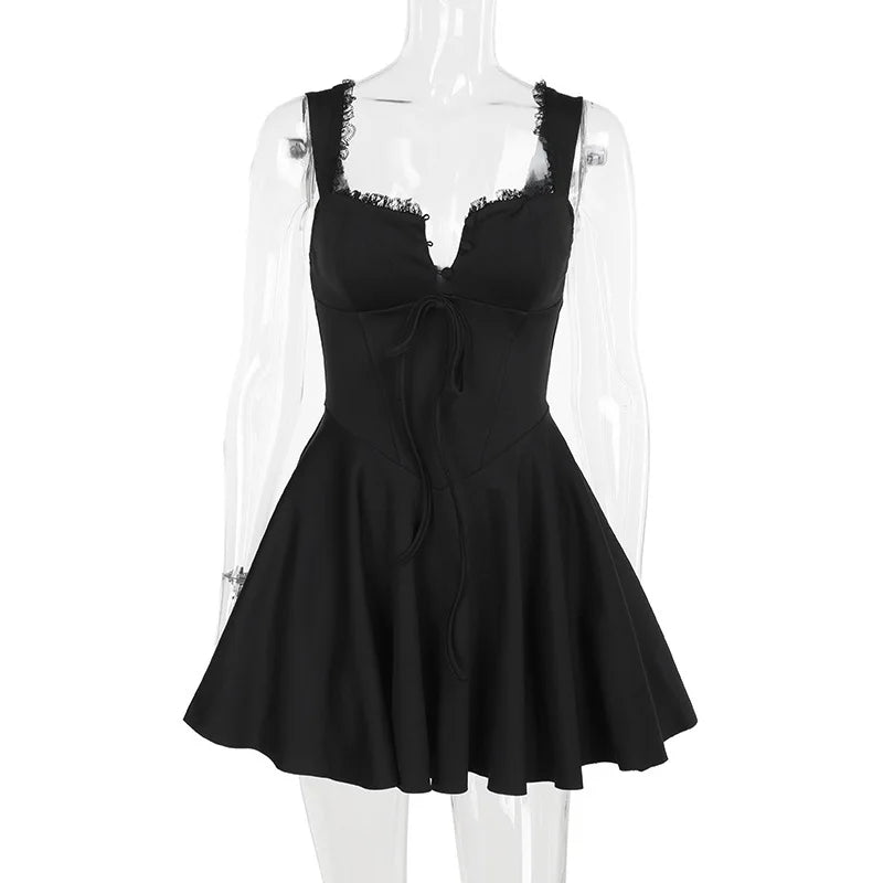 Sleeveless Lace Splicing Spice Slip Dress Slim Backless Ballet Pompadour Dress V-neck High-waisted Mini Dress