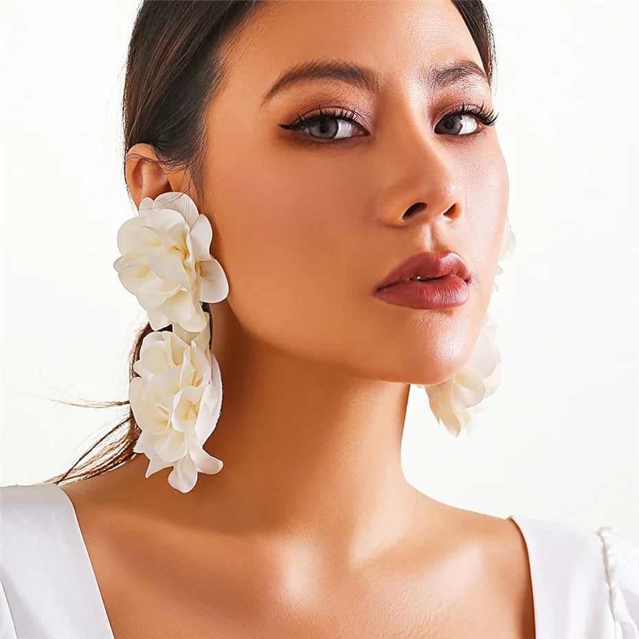 4 Colors Exaggerated Big Fluffy Fabric Flower Petal Drop Earrings for Women