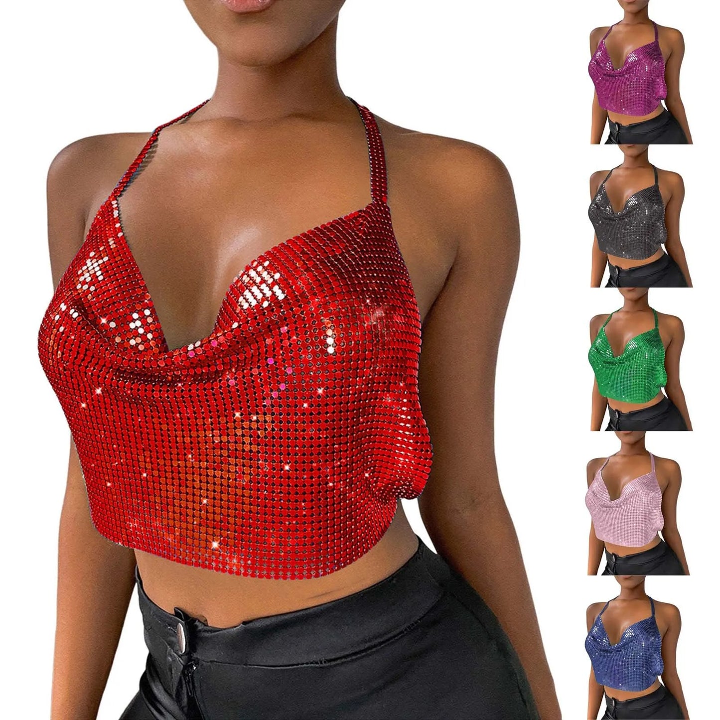Sexy Sequins Metal Crop Tops Women Suspenders Halter Backless Night Club Tank Top