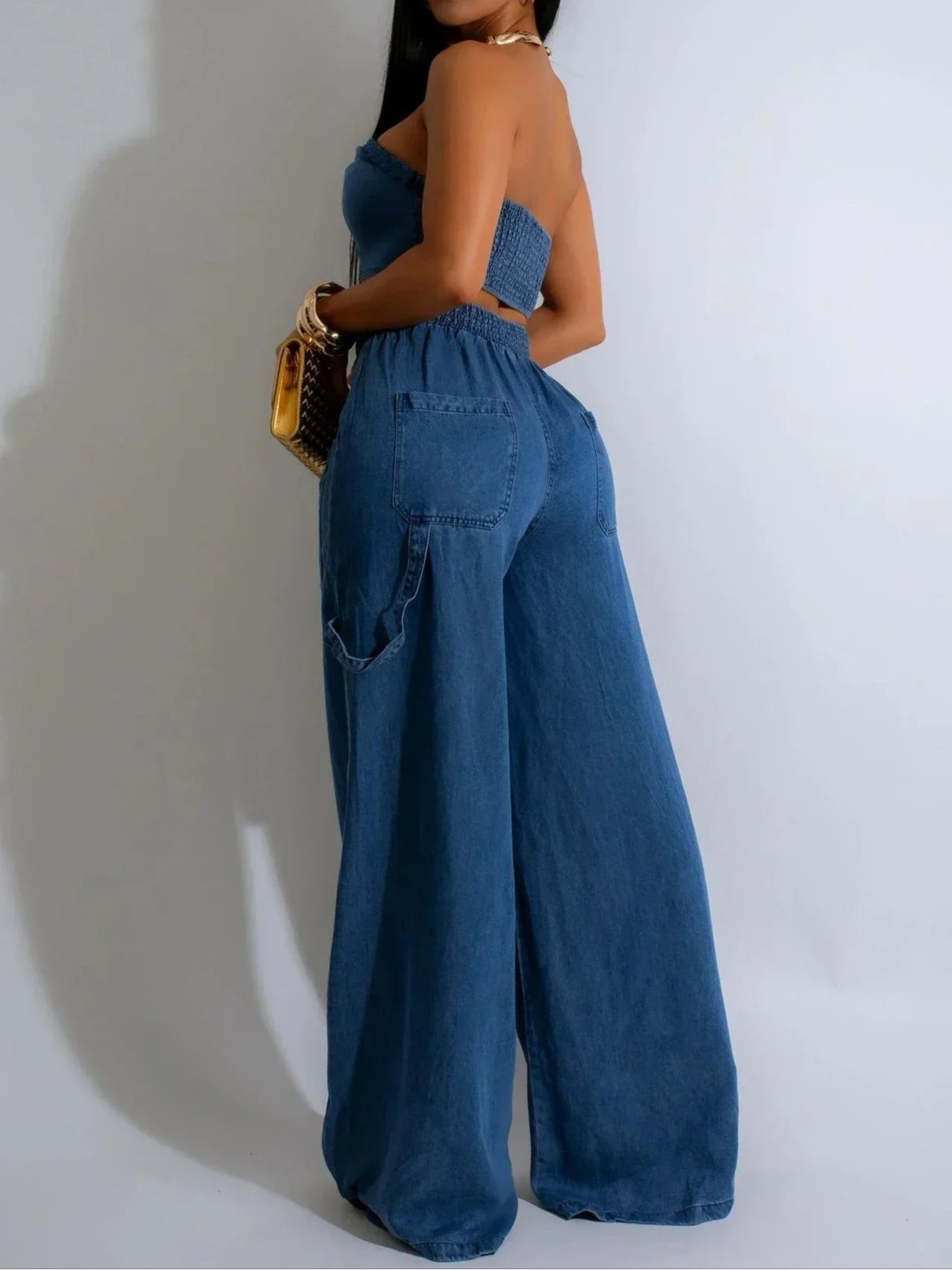 Denim Women's Set Strapless Crop Top and Wide Leg Jeans Pants Two 2 Piece Sets Outfit