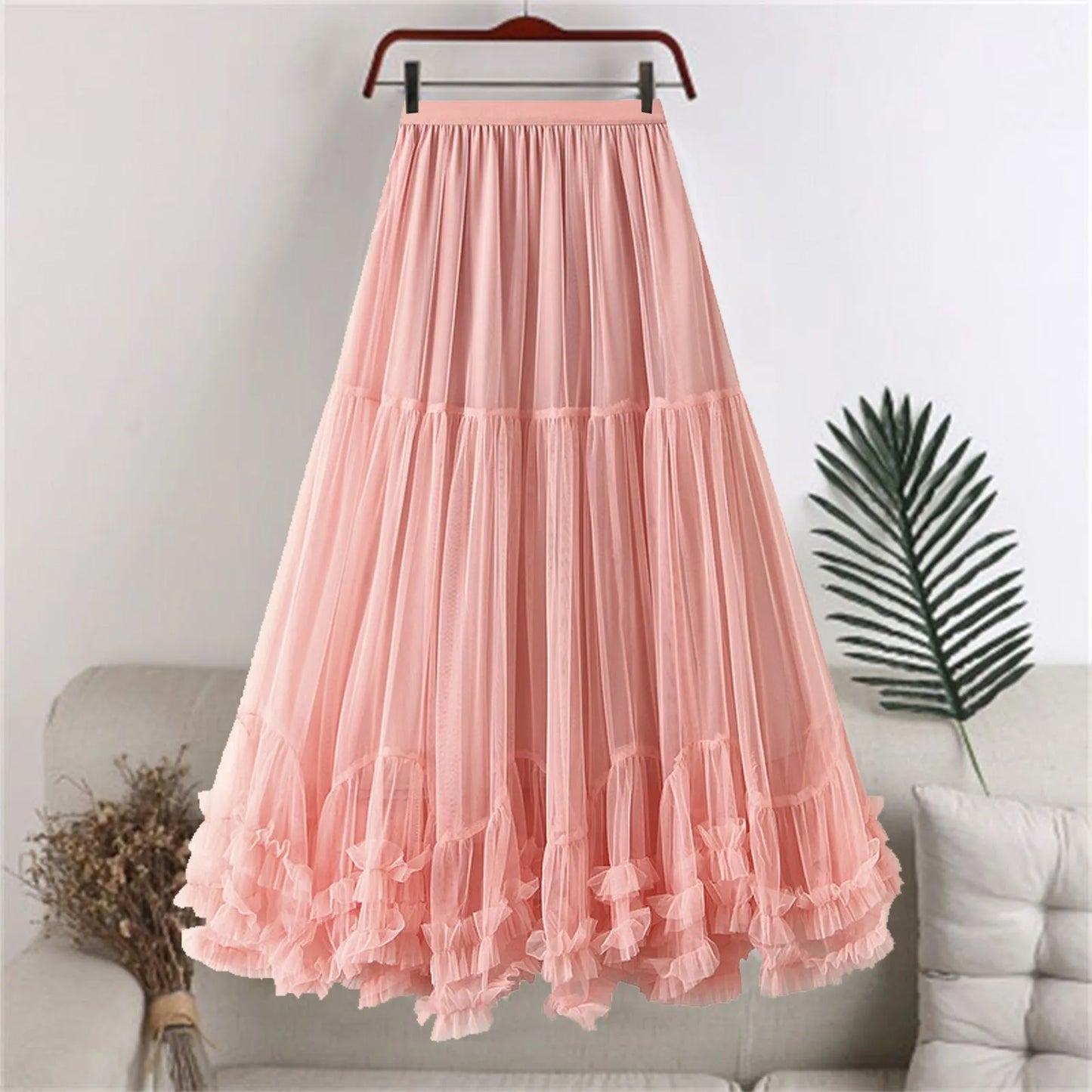 Skirts For Women Ladies A Line Layered Tulle Elastic Waist Midi Length High Waist Solid Mesh Skirt