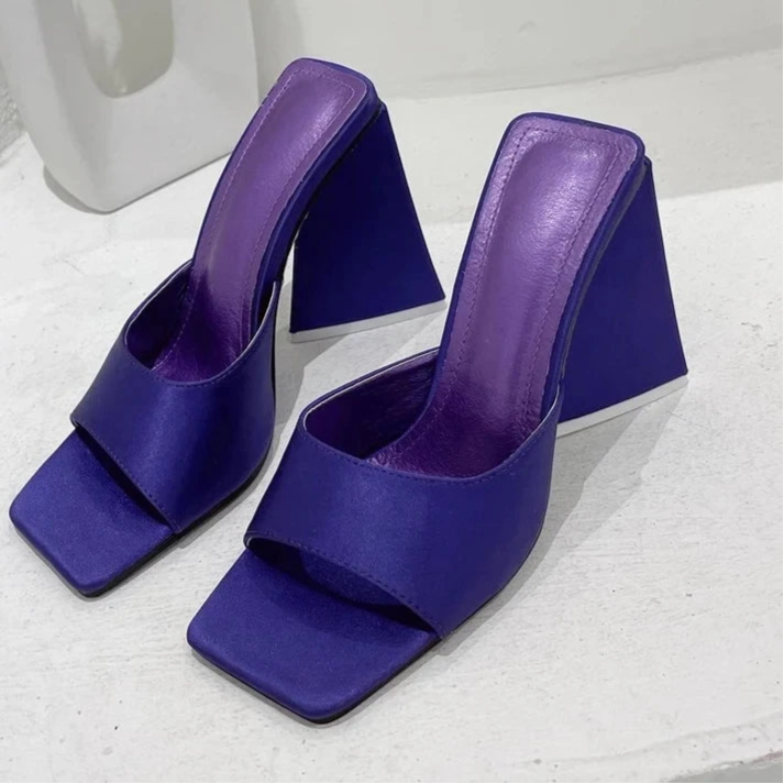 Silk Triangle Square Heels Heel Woman Slippers Sexy Street Party Square Toe Heels