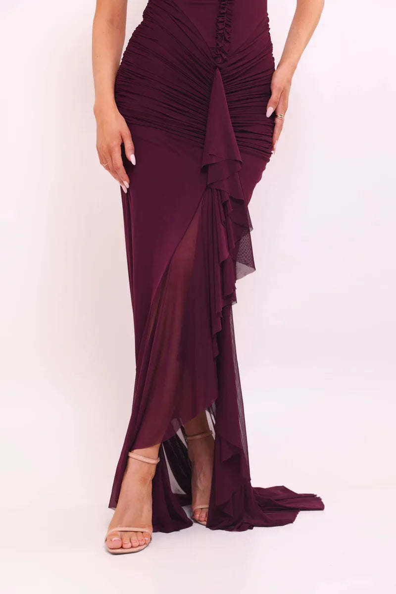 Halter V Neck Backless Sexy Maxi Dress Women Evening Gown Ruffle Dress