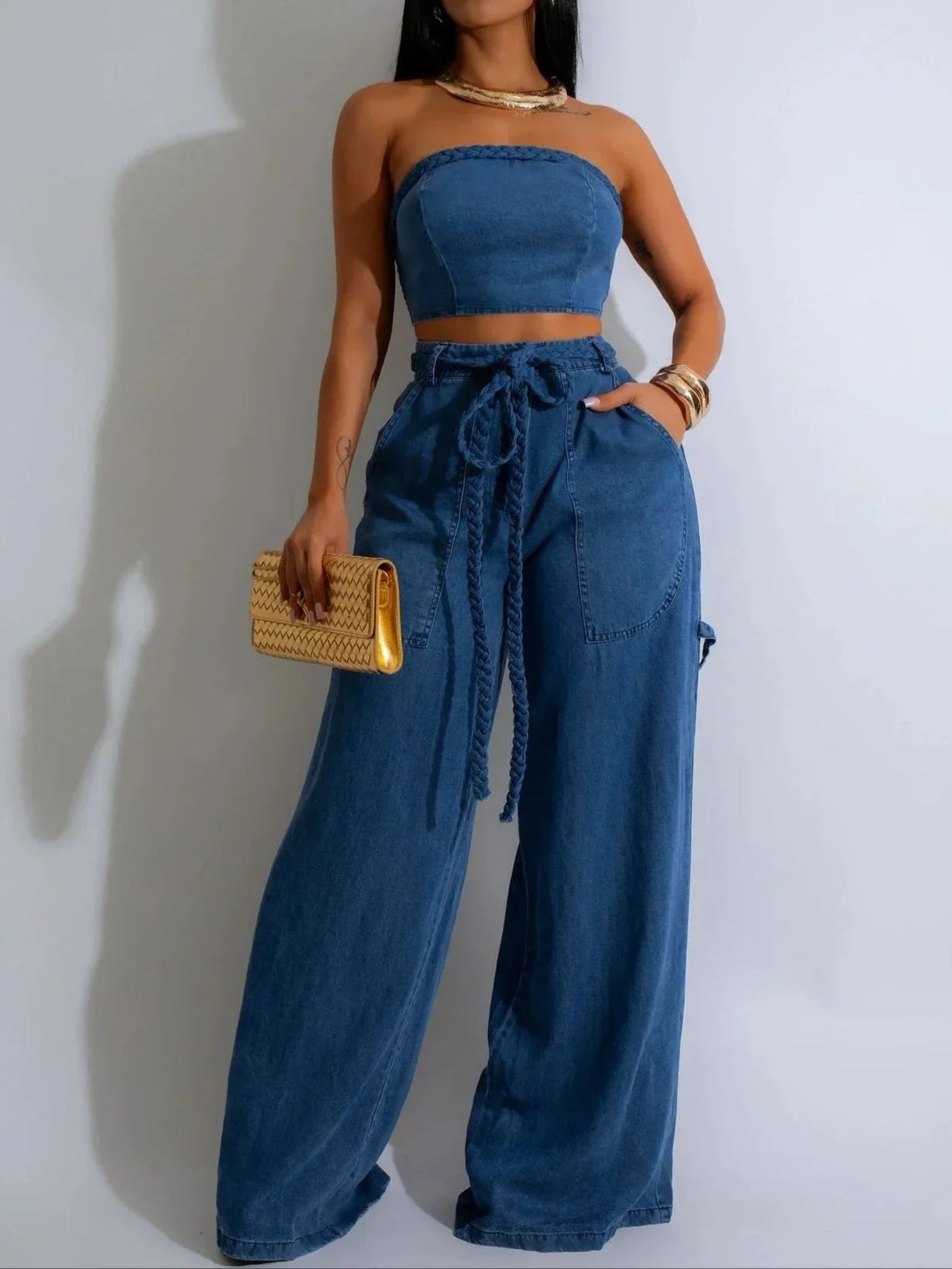 Denim Women's Set Strapless Crop Top and Wide Leg Jeans Pants Two 2 Piece Sets Outfit