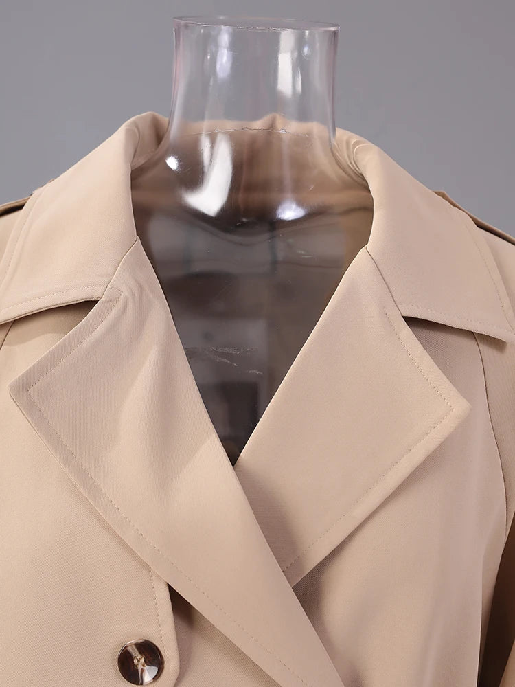 Women Khaki Pleated Elegant Trench New Lapel Long Sleeve Windbreaker Trench Coat