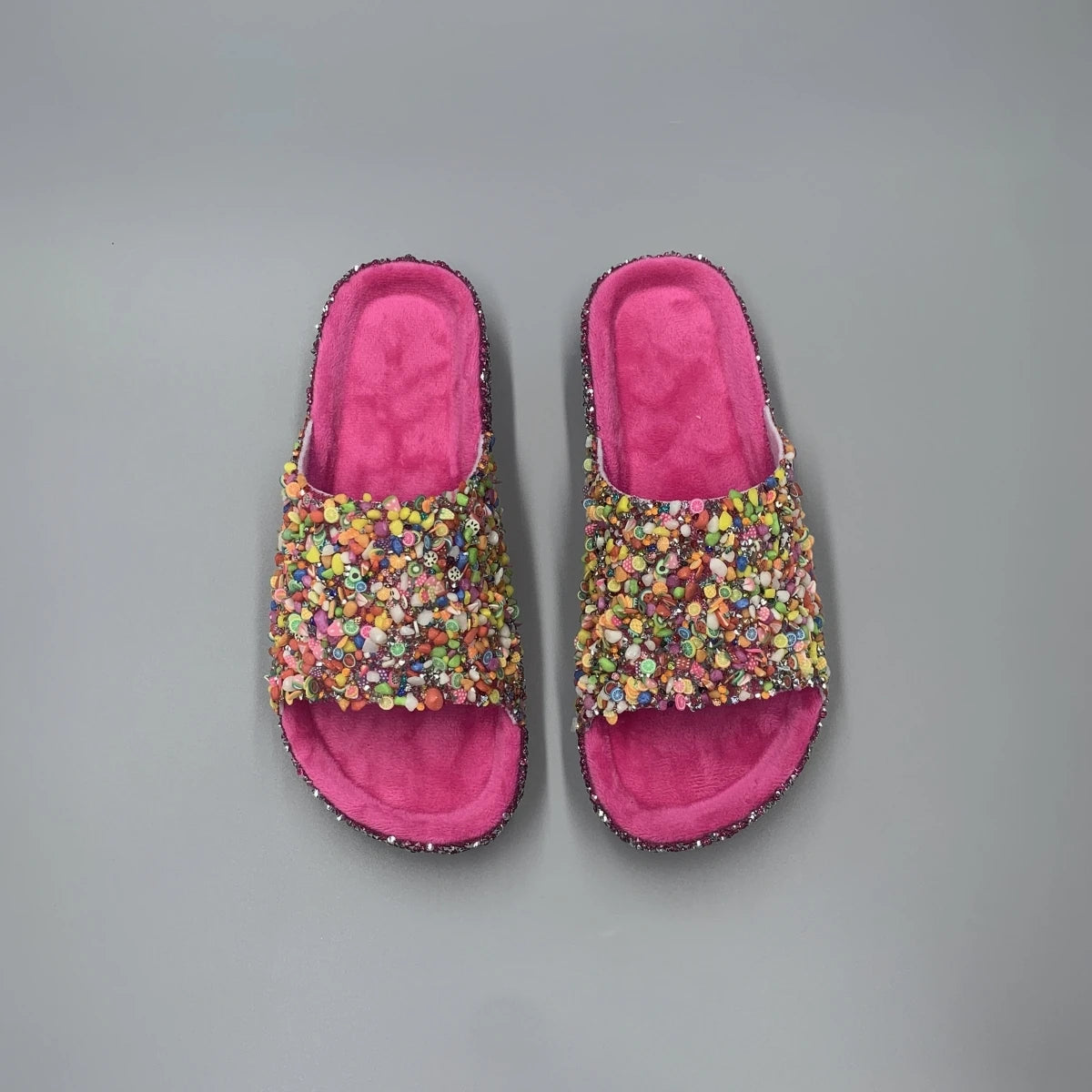Rhinestone Embellished Women's Slippers - Durable PVC Soles Flat Slippers