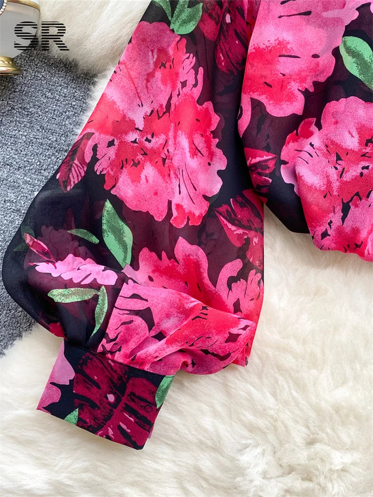 Floral Print Women Shirt Summer Lantern Sleeve Retro French Loose Blouse