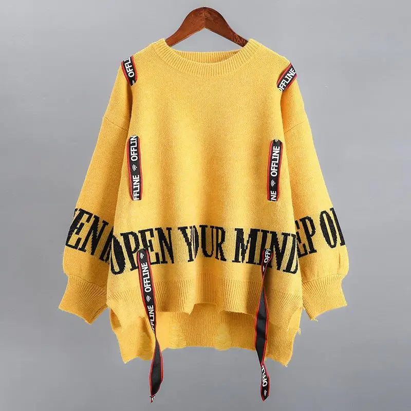 Style Letter Spliced Jumpers Ladies Loose Casual All-match Knitted Pullover Y2k Sweater