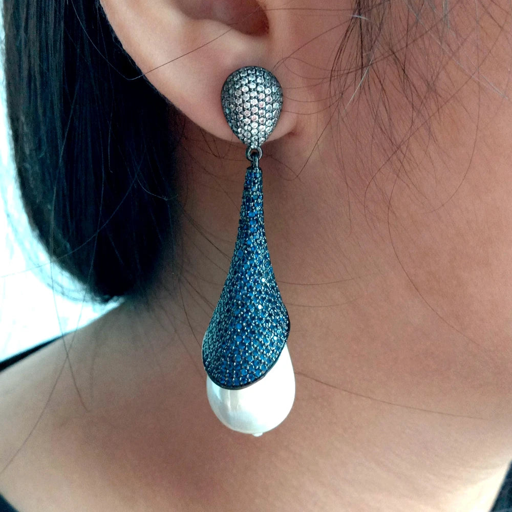 16x25MM White Sea Shell Pearl Colbalt CZ Pave Gunmetal Dangle Stud Earrings