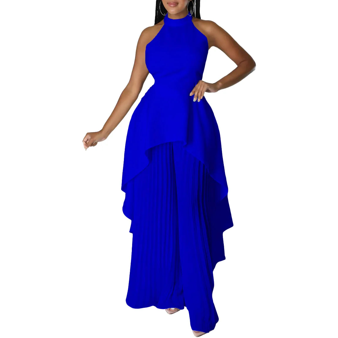 Elegant Two Piece Set Women Outfit Backless Top Hundred Pleated Wide Leg Pants Trousers Suit Summer Office Lady Suit