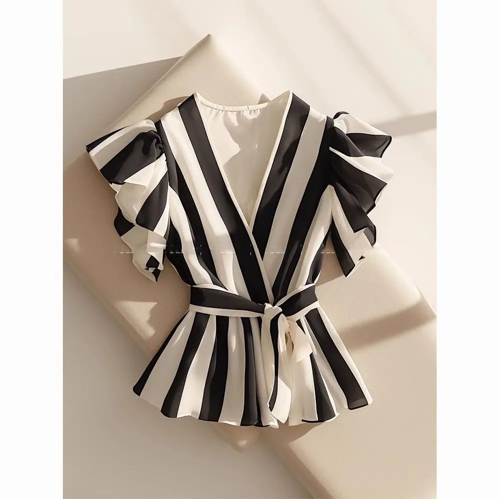 Summer Women's Tops Temperament Blouses for Women Ruffles Striped Vintage Blouse
