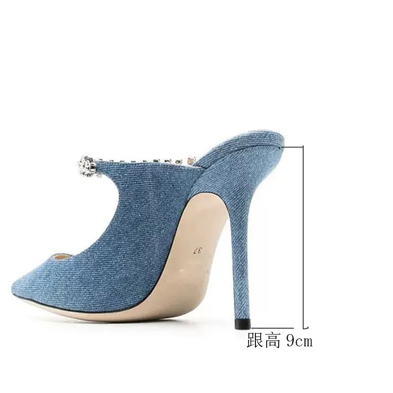 Pointed High Heels Summer New Baotou Rhinestone Slippers for Women