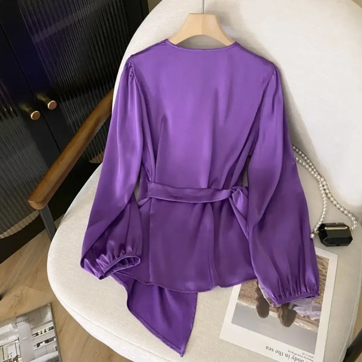 Lace Up Elegant Shirts Commute Long Sleeve Blouse Purple V Neck Slim Tops