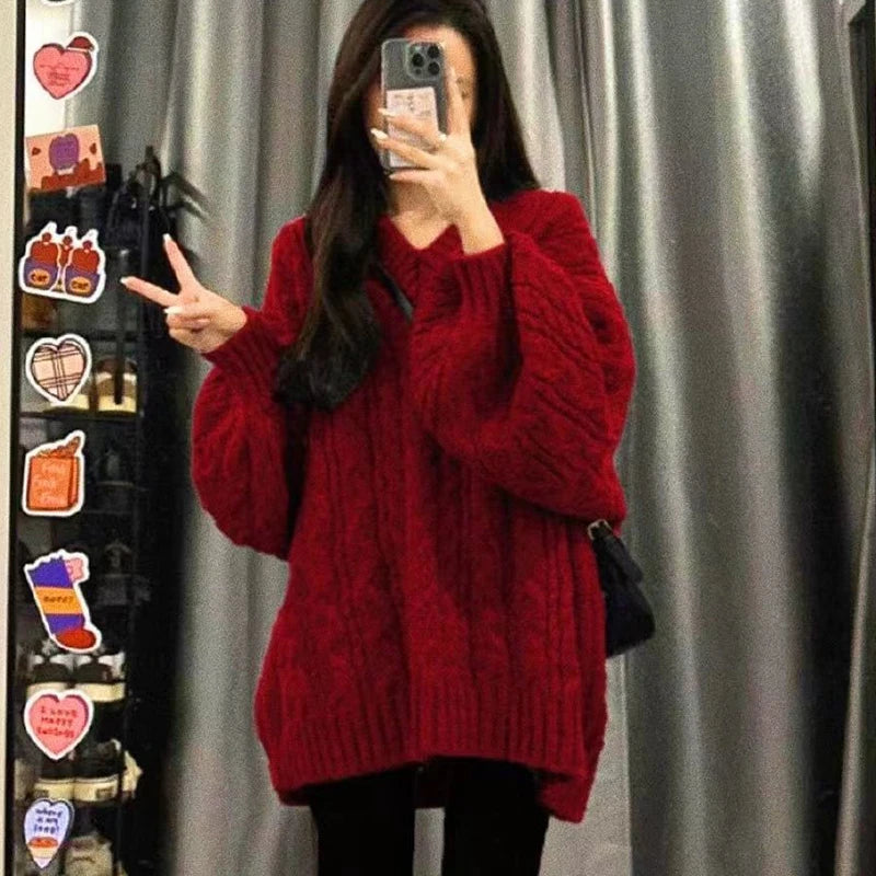 Harajuku Women Sweater Cute Oversized Knitted Pullover V Neck Sweater