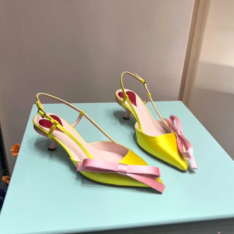 Yellow Pointed Toe Bowknot Satin Cat Heel Sandals Woman Buckle Strap Mini Heel Shoes