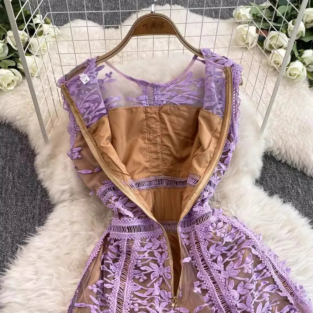 Solid Mesh Embroidery Dress Women's Sleeveless Round Neck Hollow Out Tulles Vestido