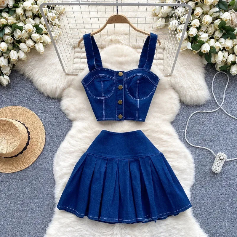 Denim Skirt Stets Two Pieces Sleeveless Tanks Top and Pleated Mini Skirt