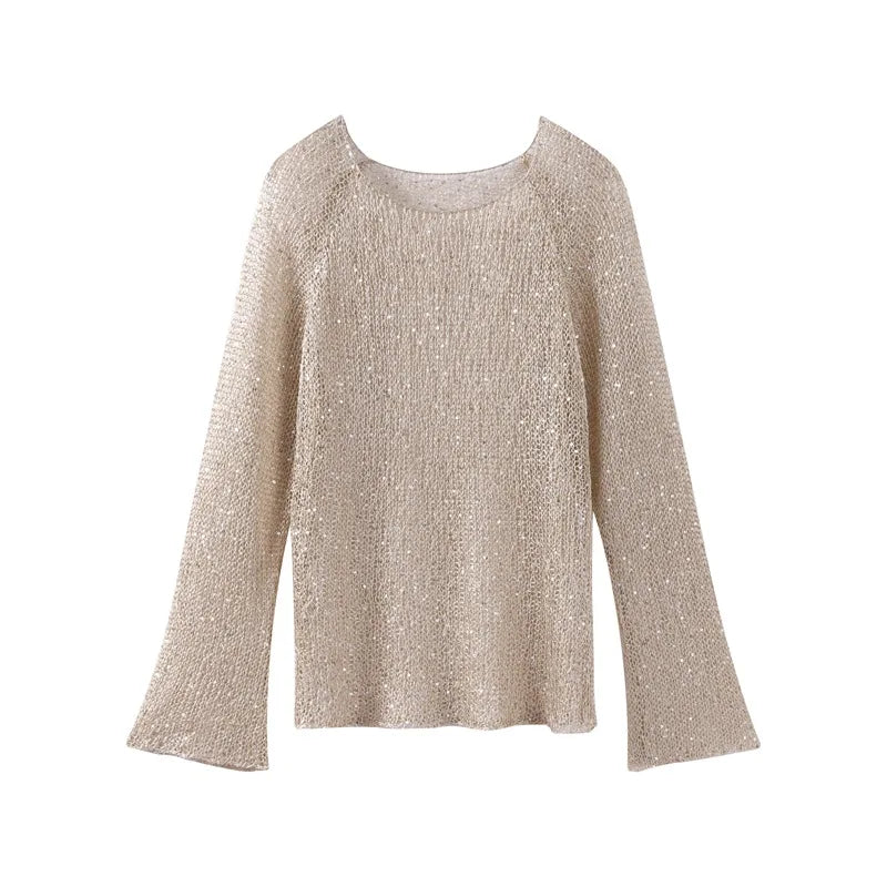 Sequins Hollow Out Pullovers Women Loose O-neck Long Sleeve Knit Sweaters