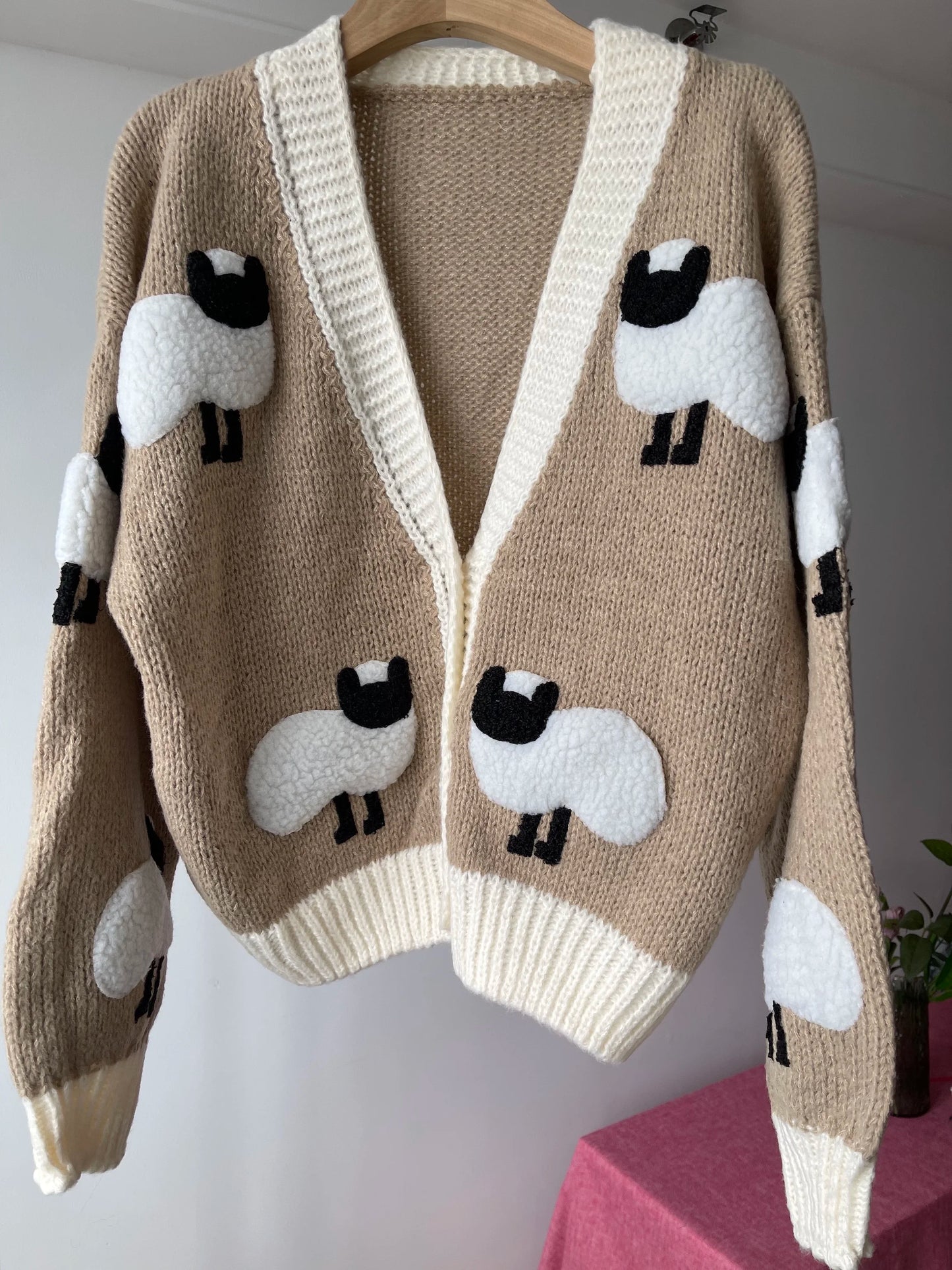 Sheep Pattern Crochet Chunky Knit Cardigan Cute Cartoon V Neck Sweater