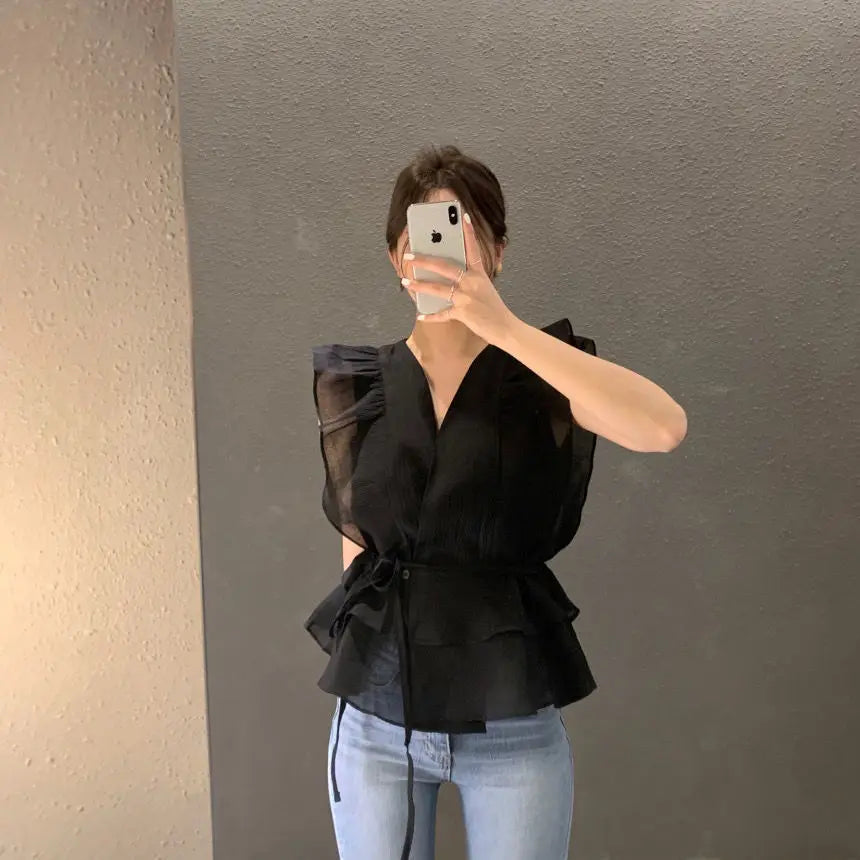 Lace Up Top Ruffled V-neck Sleeveless Shirts Blouse for Women