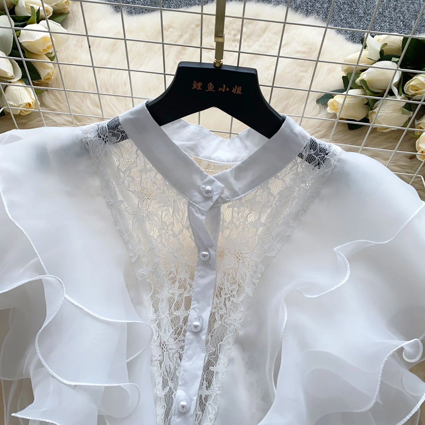 Ruffle Blouses Women French Style Single Breasted Lace Patchwork Shirt Summer Top