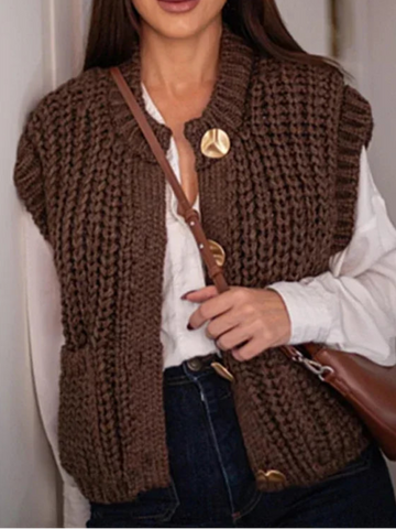 Casual Brown Knit Vest Women Vintage O Neck Single Breasted Pocket Vest Sweater