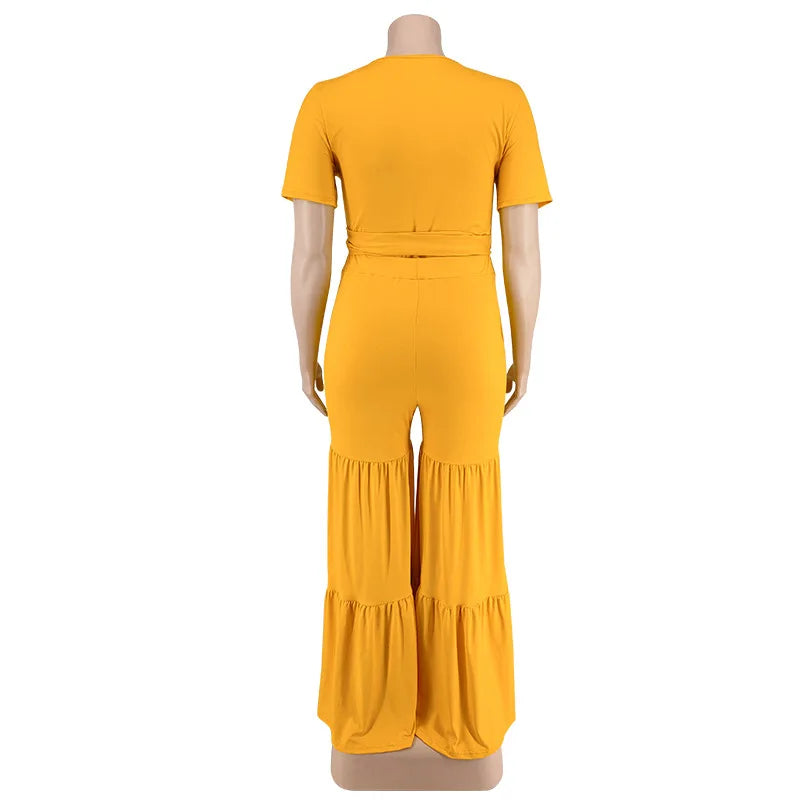 Plus Size Pants Sets Two Piece Outfits Summer Holiday Solid Bandage Top Wide Leg New Matching Suit