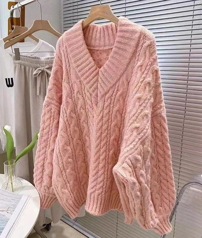 Lantern Sleeve Knit Sweater Women Korean Solid Twist V-Neck Pullover Jumper