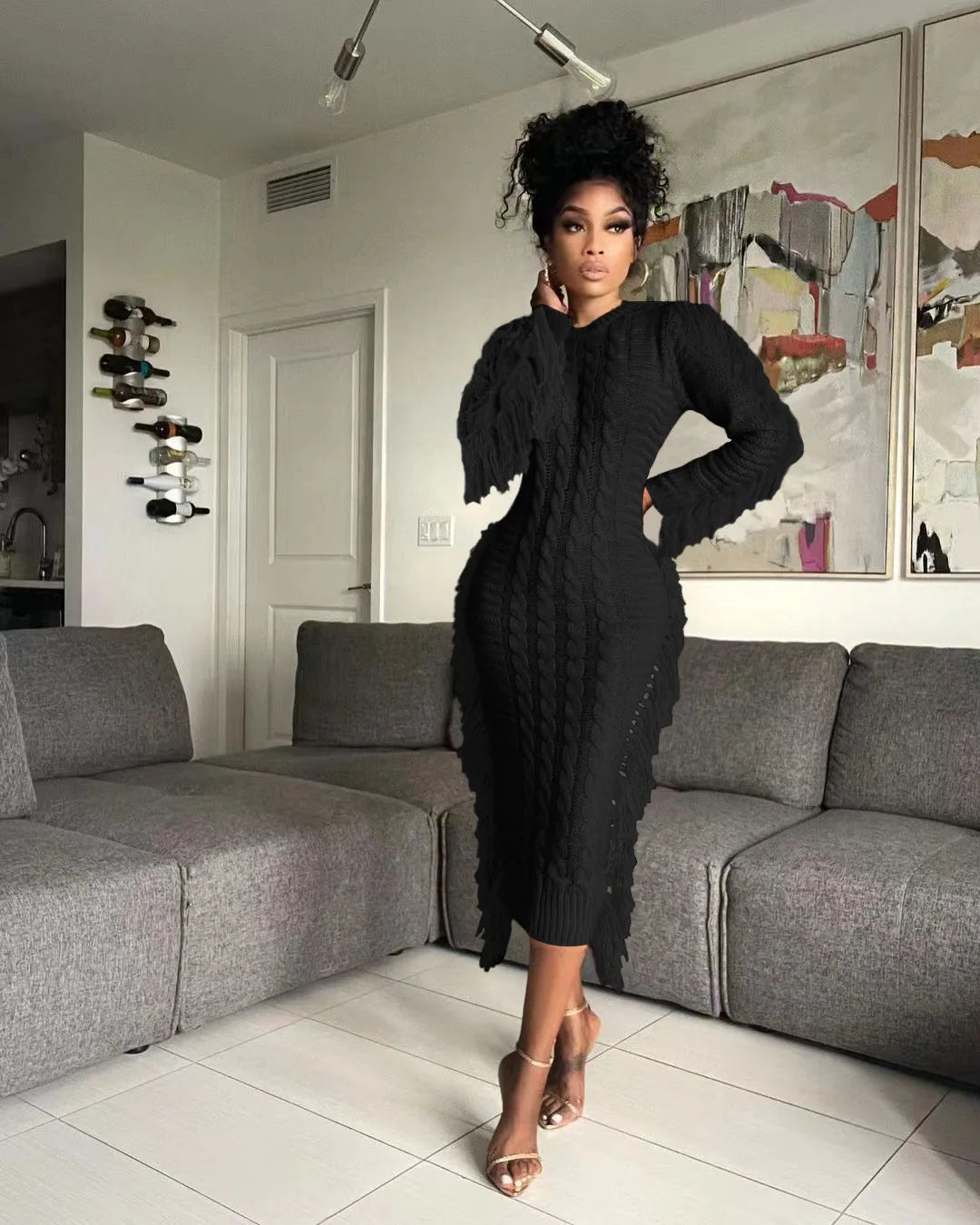 Women Long Sleeve Tassel Bodycon Midi Knit Dress O-neck Sweater Dress