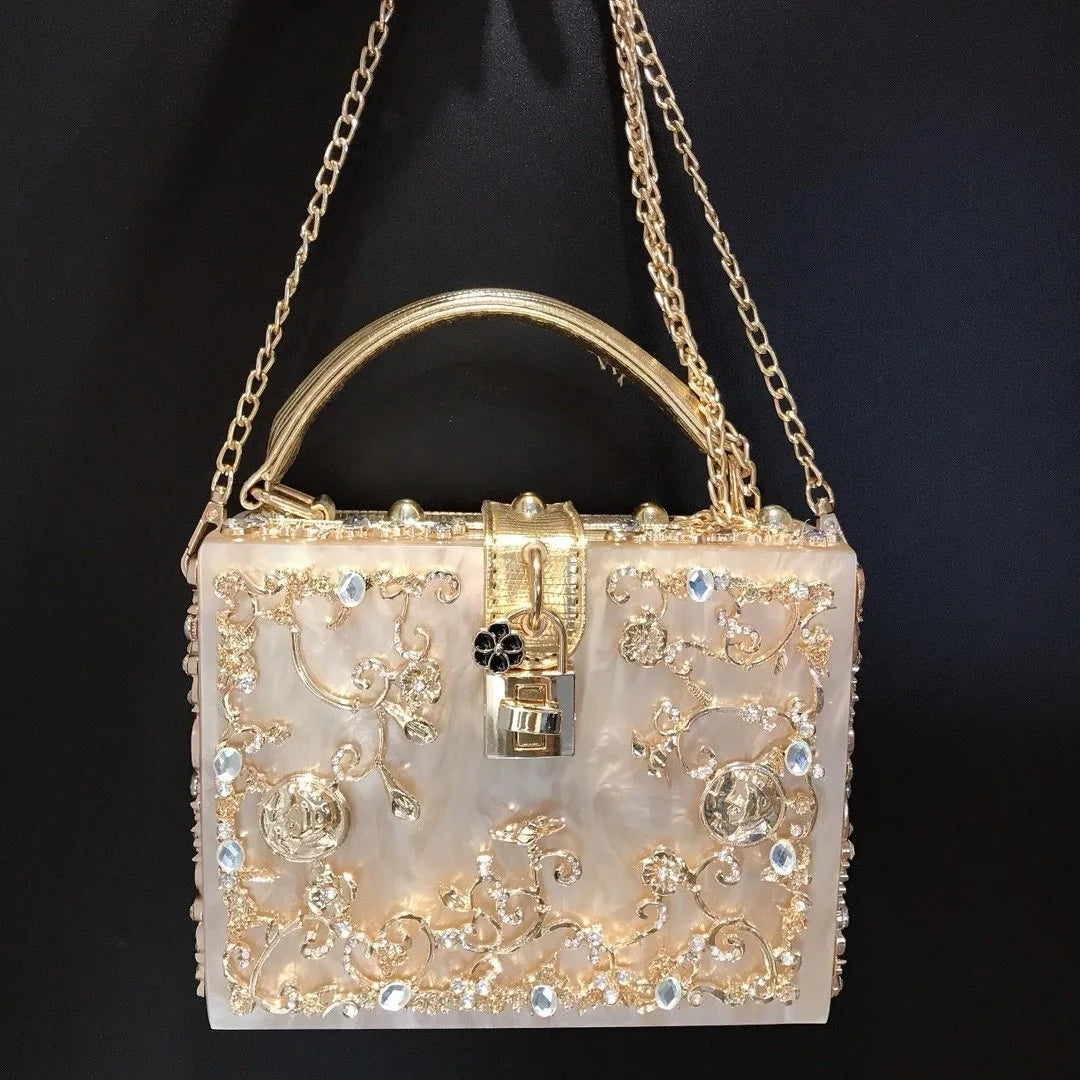 High-Grade Crystal Evening Bag Female New Hollow Out Metal Carved Flower Diamond Handbag