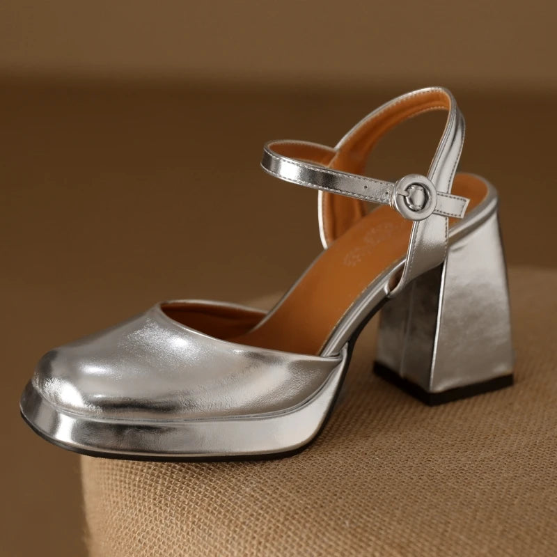 Luxury Women's Sandals Summer Shoes Ankle Strap Gold Silver High Heels Close Toe Party Shoes