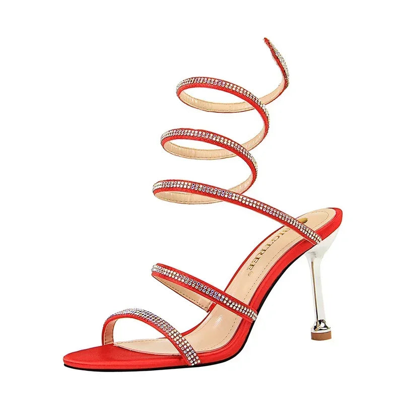 Women Luxury Party 8.5cm High Heels Summer Sexy Nightclub Sandals Female Red Green Ankle Strappy Roman Gladiator Crystal Sandles