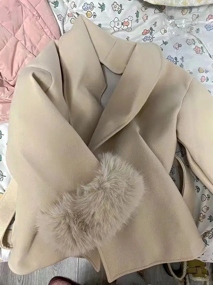 Women Versatile Tweed Cape Coat Belted fox fur Blends Coat for Women