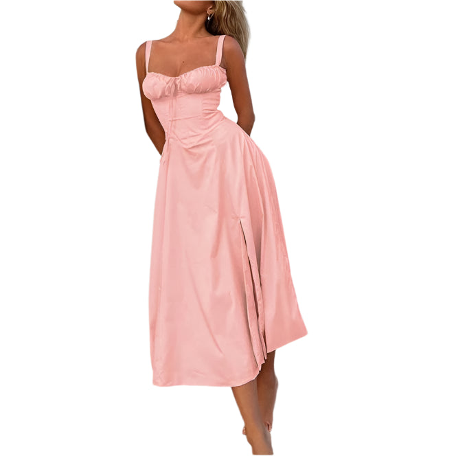 Elegant A Line Midi Dress Sexy Spaghetti Strap Lace Up Red Holiday Party Dresses Summer Dresses