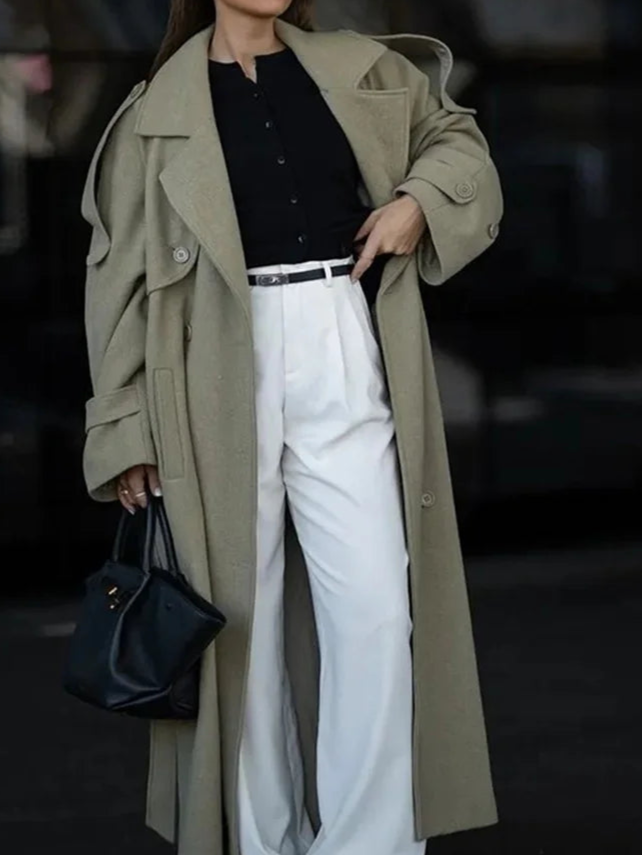 Urban Solid Double Breasted Long Women Coat Loose Full Sleeve Belt Double Breasted Jacket