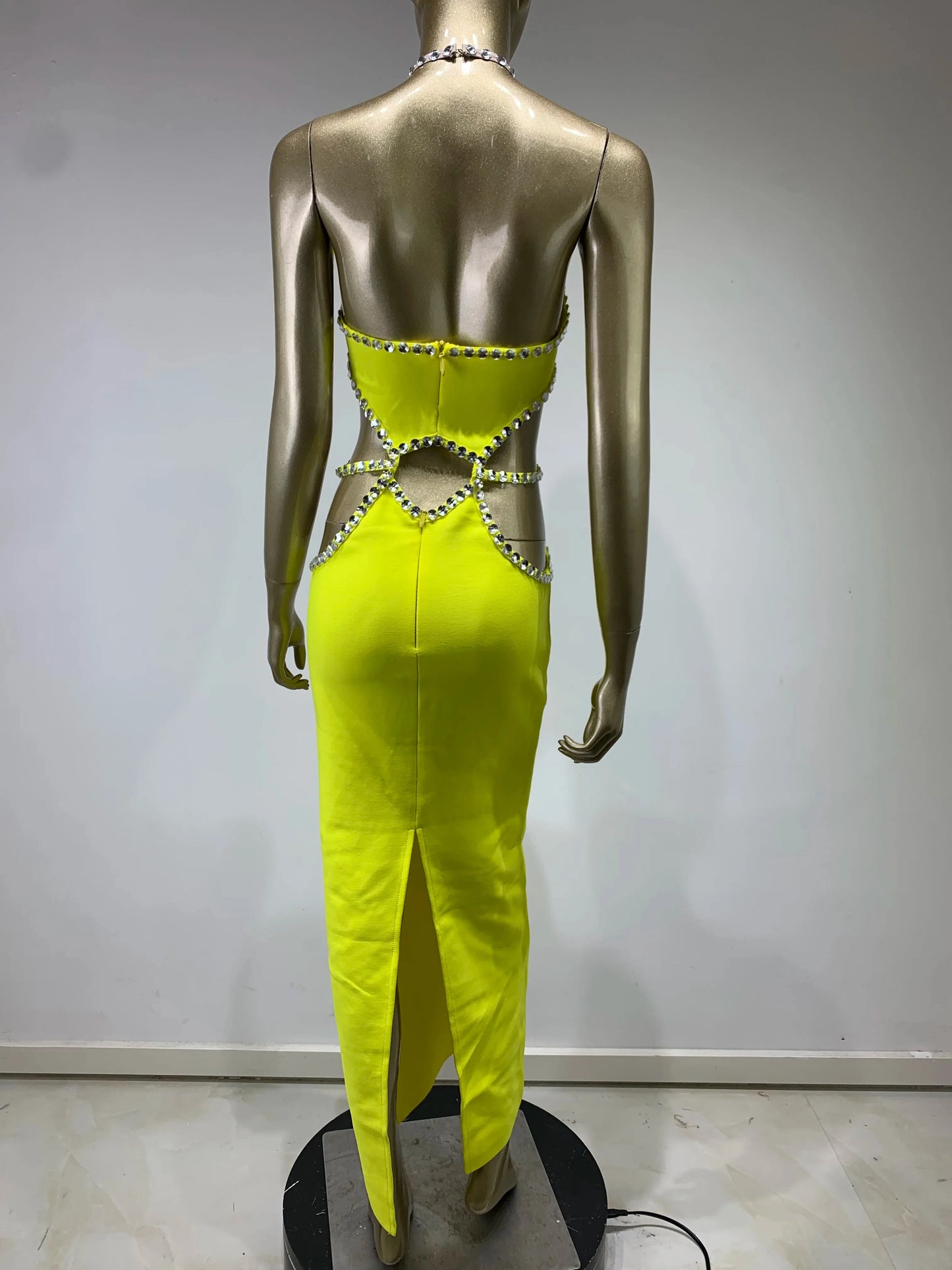 Sexy Backless Halter Beading Maxi Long Lemon Bandage Dress Cocktail Dress