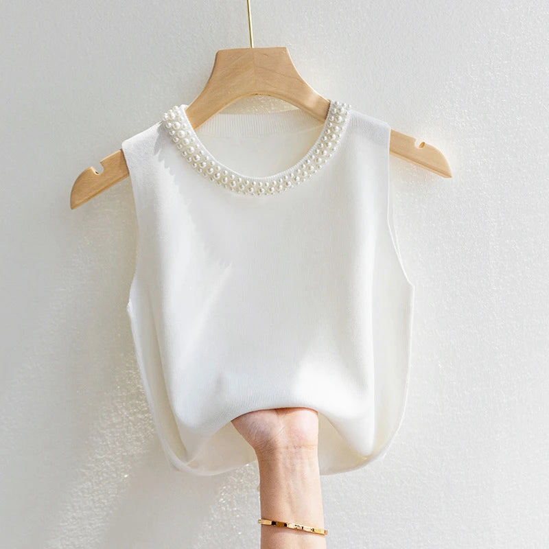Knitted Sleeveless Beaded Casual Thin Tops