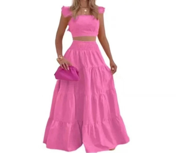 Y2k Two Piece Set Elegant Sexy Collage Sleeveless Top and Maxi Skirt Set